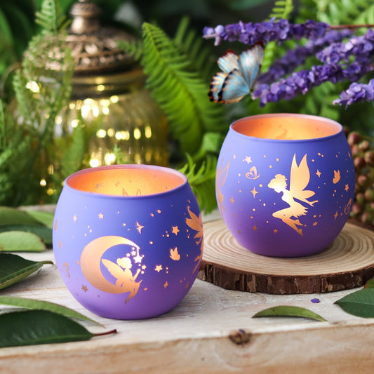 LAVENTEL-LILA-GRADIENT-GLAS-KERZENHALTER – 2-TEILIG MIT BLUMEN-FEEN-ELFEN-STERN-MOND MUSTER