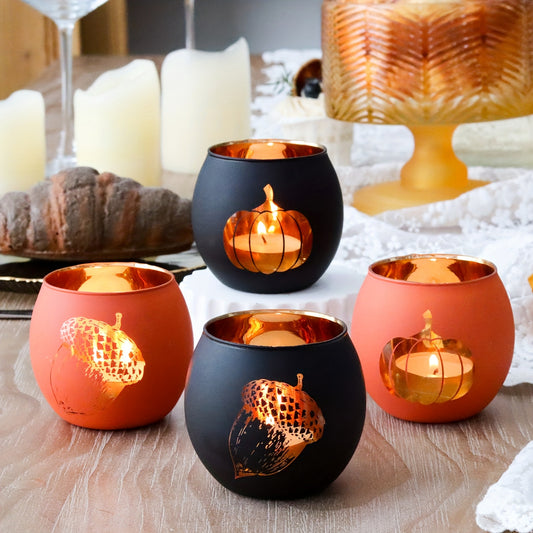 HERBST-KERZENHALTER, ORANGE UND SCHWARZ, KÜRBIS, KIEFER, GLAS, 4-TEILIG