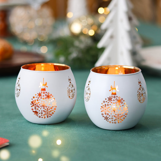 2 STÜCK ELEGANTE GLAS-KERZENHALTER – WEIß & GOLD WINTERDEKO