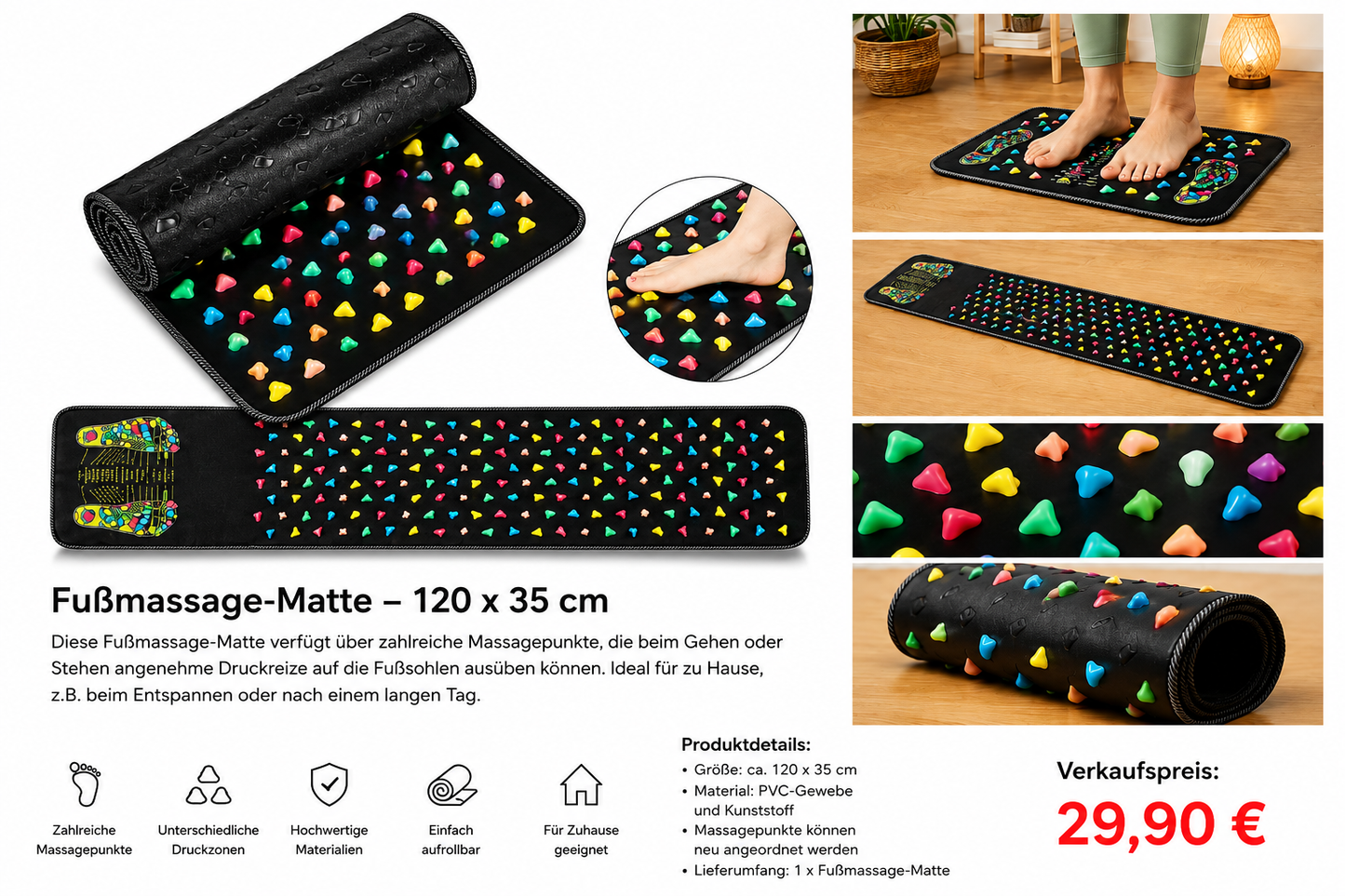 Fußmassage-Matte 120 × 35 cm – Massage- & Druckpunktmatte für Zuhause