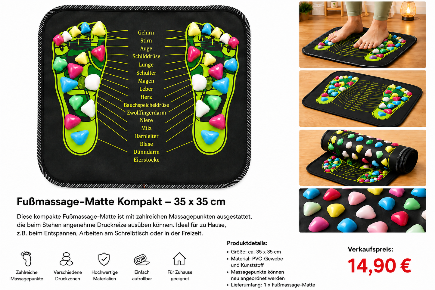 Fußmassage-Matte Kompakt 35 × 35 cm – Massagepunkte für entspannte Füße