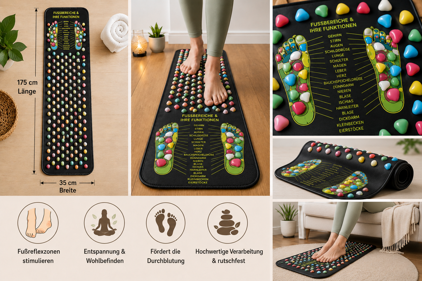 Extra lange Fußmassage-Matte 175 × 35 cm – mit Massagepunkten für Zuhause