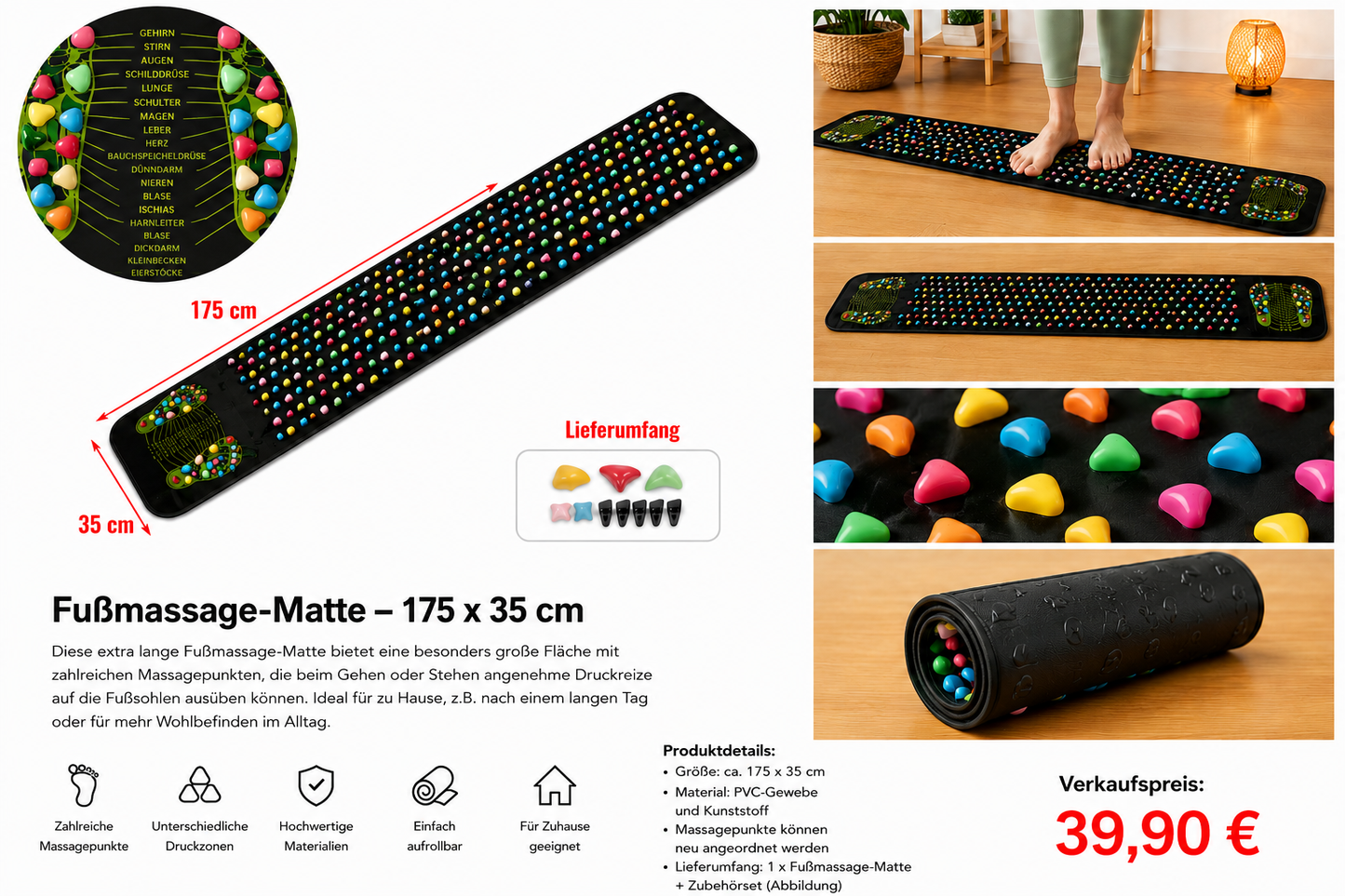 Extra lange Fußmassage-Matte 175 × 35 cm – mit Massagepunkten für Zuhause