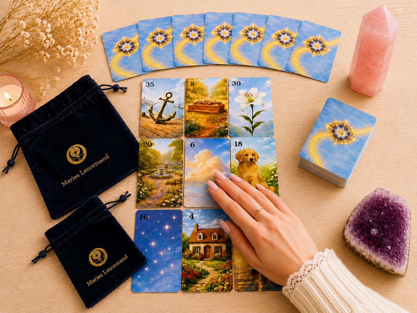 Märchenzauber Lenormand Karten – 36 Orakelkarten OHNE 20 Zusatzkarten  mit Samtbeutel (2 Größen) – Hochwertiges Kartenlegen Deck – Spirituelles Geschenk