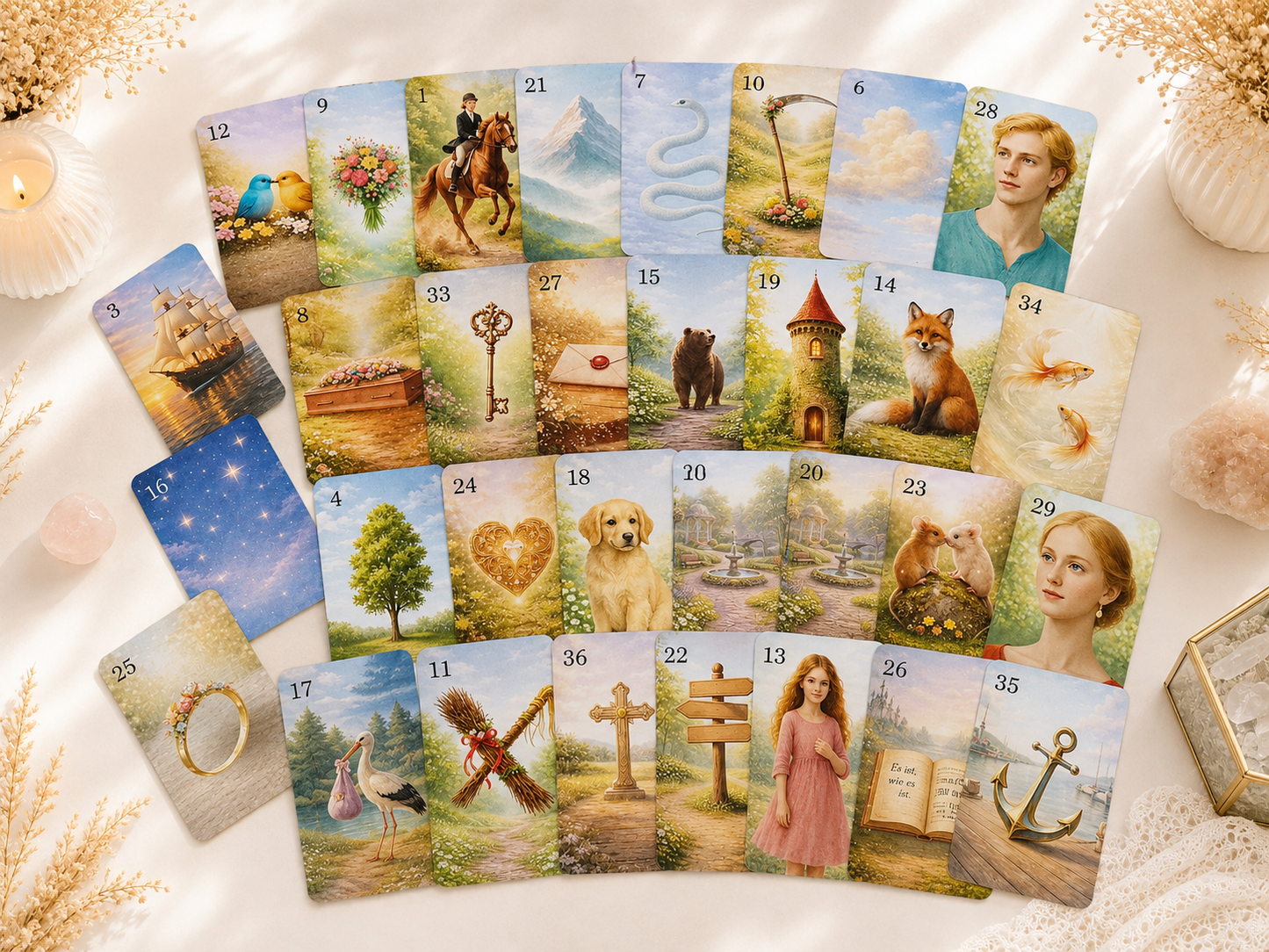 Märchenzauber Lenormand Karten – 36 Orakelkarten OHNE 20 Zusatzkarten  mit Samtbeutel (2 Größen) – Hochwertiges Kartenlegen Deck – Spirituelles Geschenk