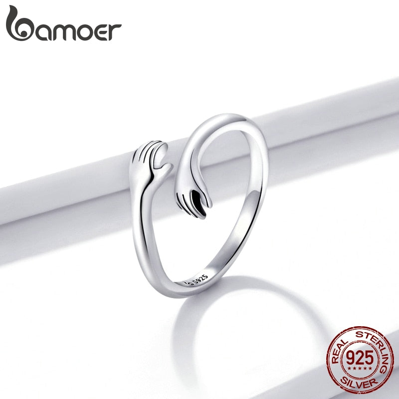 Bamoer 925 Sterling Silber Umarmung Wärme und Liebe Hand verstellbarer Ring für Frauen Party Schmuck, seine großen liebevollen Umarmungen Ring 3 Farben