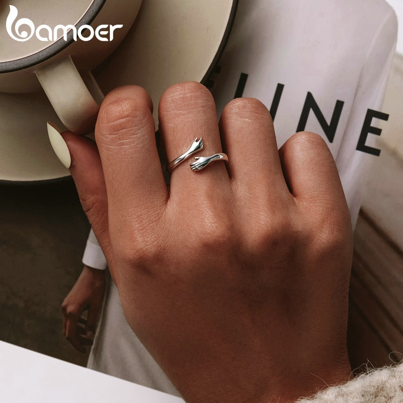 Bamoer 925 Sterling Silber Umarmung Wärme und Liebe Hand verstellbarer Ring für Frauen Party Schmuck, seine großen liebevollen Umarmungen Ring 3 Farben