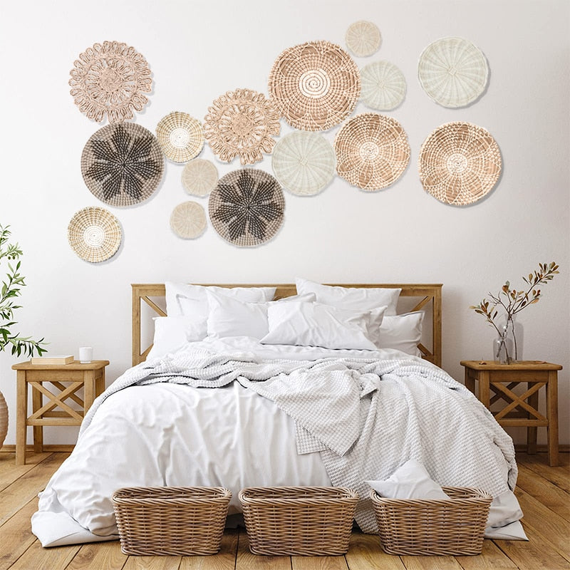 Set of 10 Hanging Woven Plate Wall Decoration Boho Straw Rattan Round Basket Decoration Rustic Farmhouse Hanging Kitchen Baskets