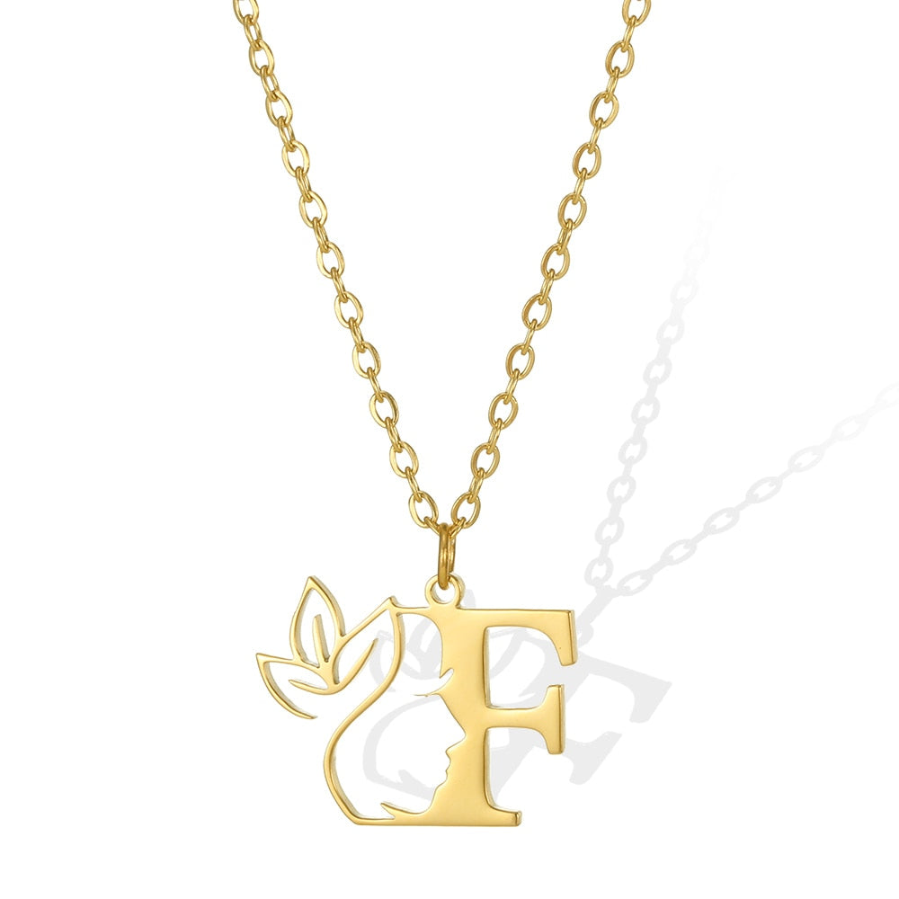 Damen Kette Edelstahl 18k Gold Kette Buchstaben Anhänger mit Blume
