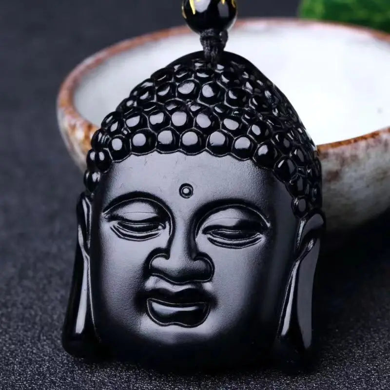 Fashion Frosted Obsidian Sakyamuni Buddha Head Charm Men and Women Amulet Necklace Buddhist Religious Jewelry