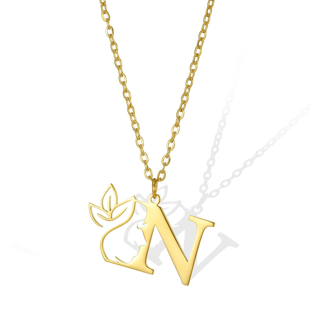 Damen Kette Edelstahl 18k Gold Kette Buchstaben Anhänger mit Blume