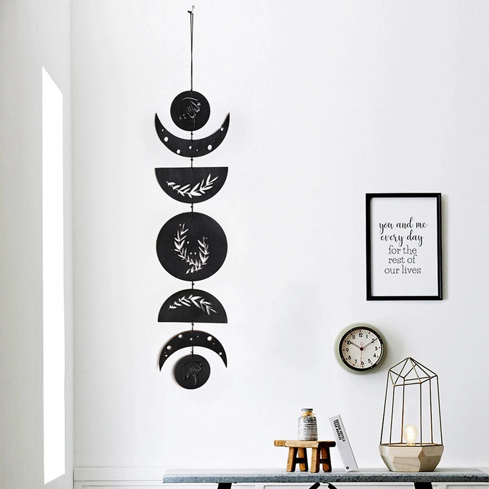 Boho Wall Decor Moon Stars Sun Geometric Wall Art Wooden Hanging with Tassel Black for Home Bedroom Living Room Decorations