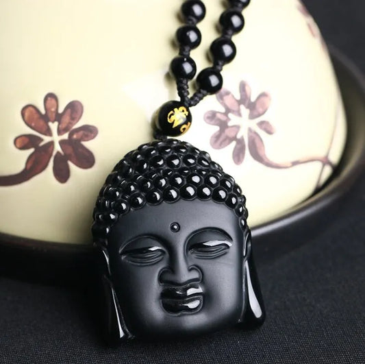 Fashion Frosted Obsidian Sakyamuni Buddha Head Charm Men and Women Amulet Necklace Buddhist Religious Jewelry