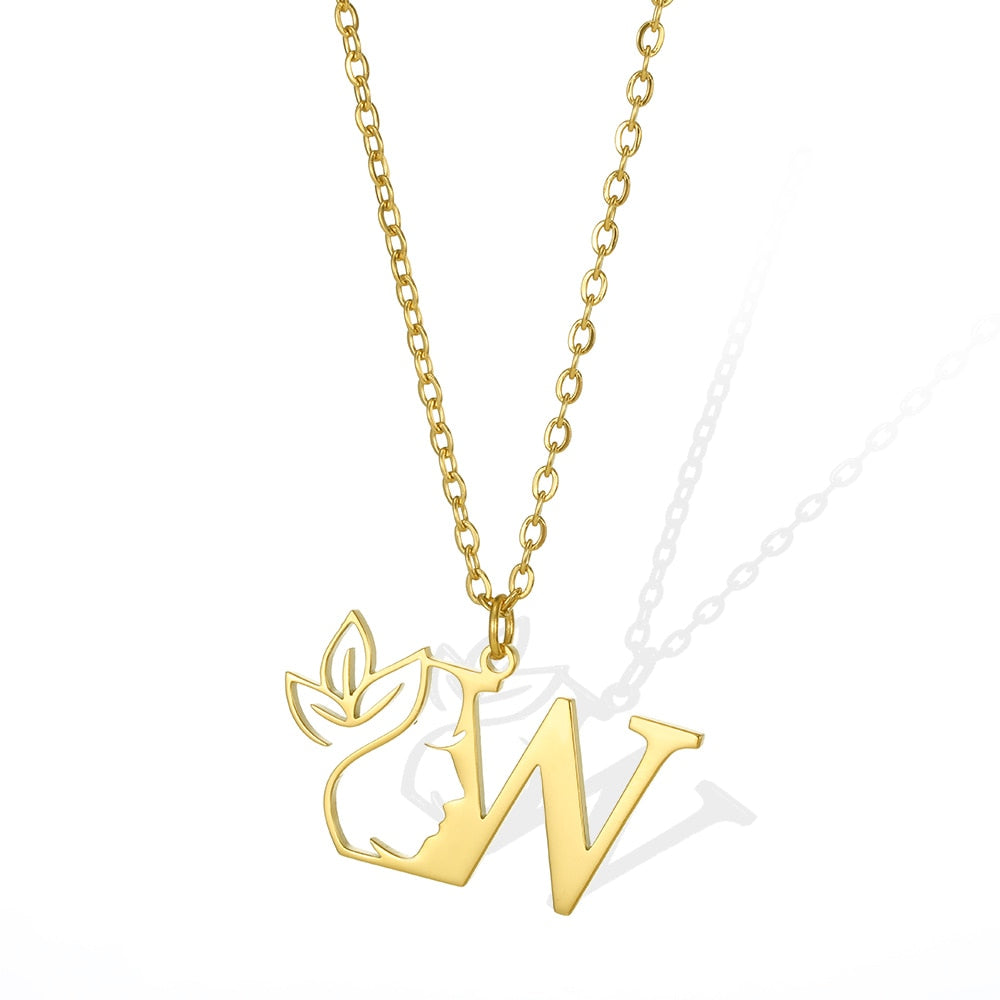 Damen Kette Edelstahl 18k Gold Kette Buchstaben Anhänger mit Blume