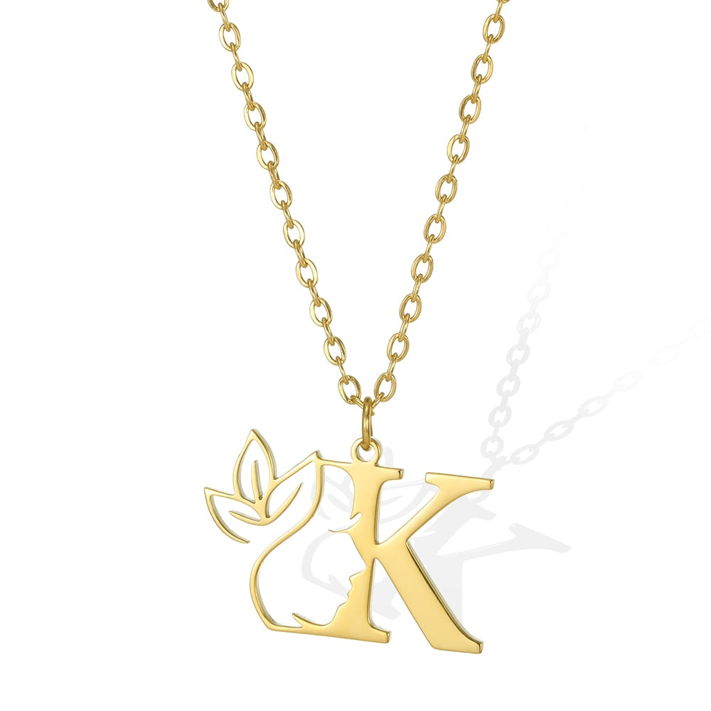 Damen Kette Edelstahl 18k Gold Kette Buchstaben Anhänger mit Blume