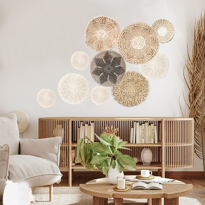 10 Stücke Wanddekoration Boho Stroh, Rattan, runden Korb Dekoration rustikalen Bauernhaus, hängenden Küchen Körben