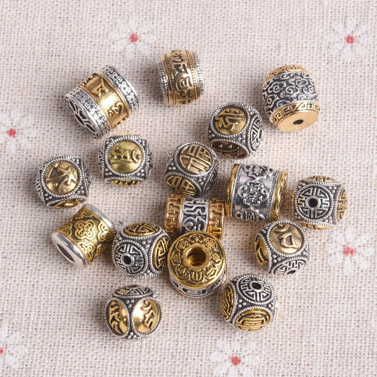 5pcs Round Cylinder Nepalese Buddhist Tibetan Silver/Gold Color Metal Loose Beads For Jewelry Making DIY Bracelet