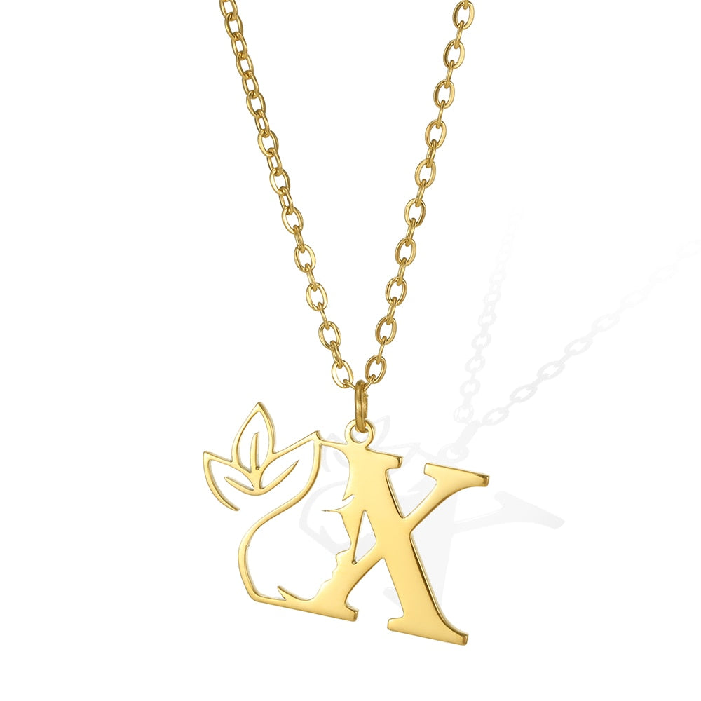 Damen Kette Edelstahl 18k Gold Kette Buchstaben Anhänger mit Blume