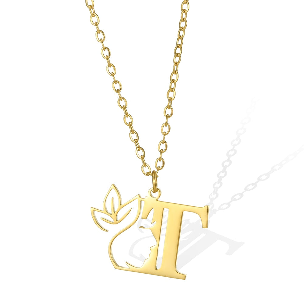 Damen Kette Edelstahl 18k Gold Kette Buchstaben Anhänger mit Blume