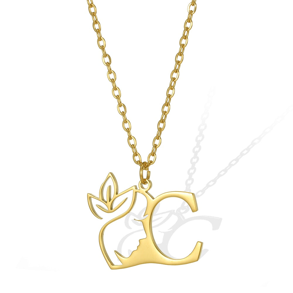 Damen Kette Edelstahl 18k Gold Kette Buchstaben Anhänger mit Blume