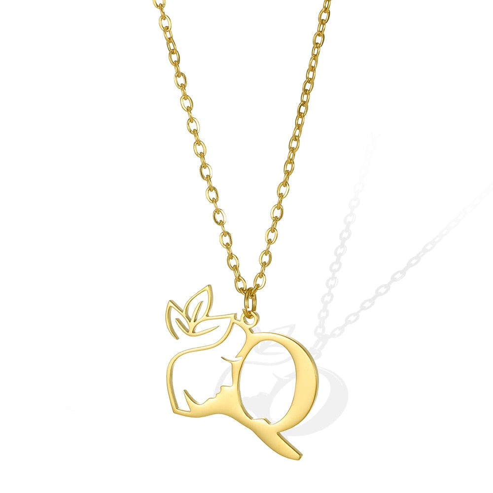 Damen Kette Edelstahl 18k Gold Kette Buchstaben Anhänger mit Blume