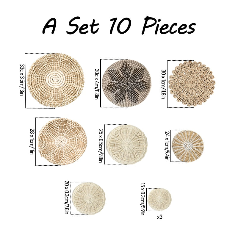 Set of 10 Hanging Woven Plate Wall Decoration Boho Straw Rattan Round Basket Decoration Rustic Farmhouse Hanging Kitchen Baskets