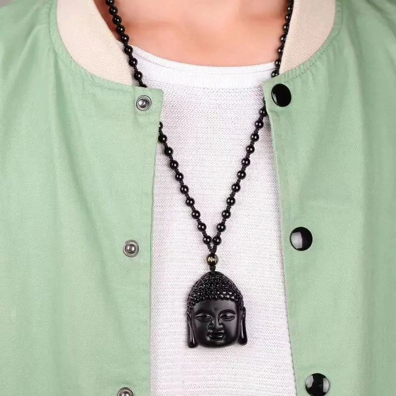 Fashion Frosted Obsidian Sakyamuni Buddha Head Charm Men and Women Amulet Necklace Buddhist Religious Jewelry