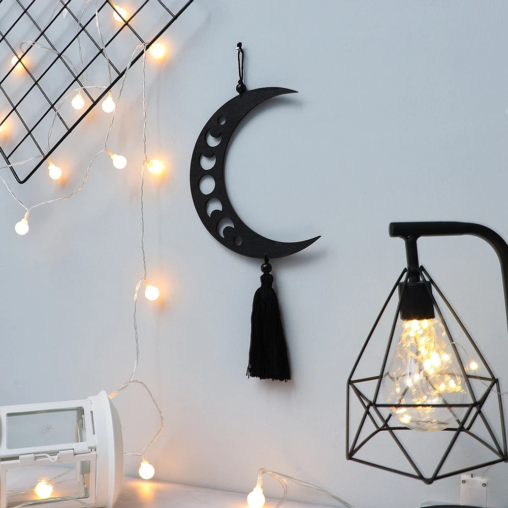 Boho Wall Decor Moon Stars Sun Geometric Wall Art Wooden Hanging with Tassel Black for Home Bedroom Living Room Decorations