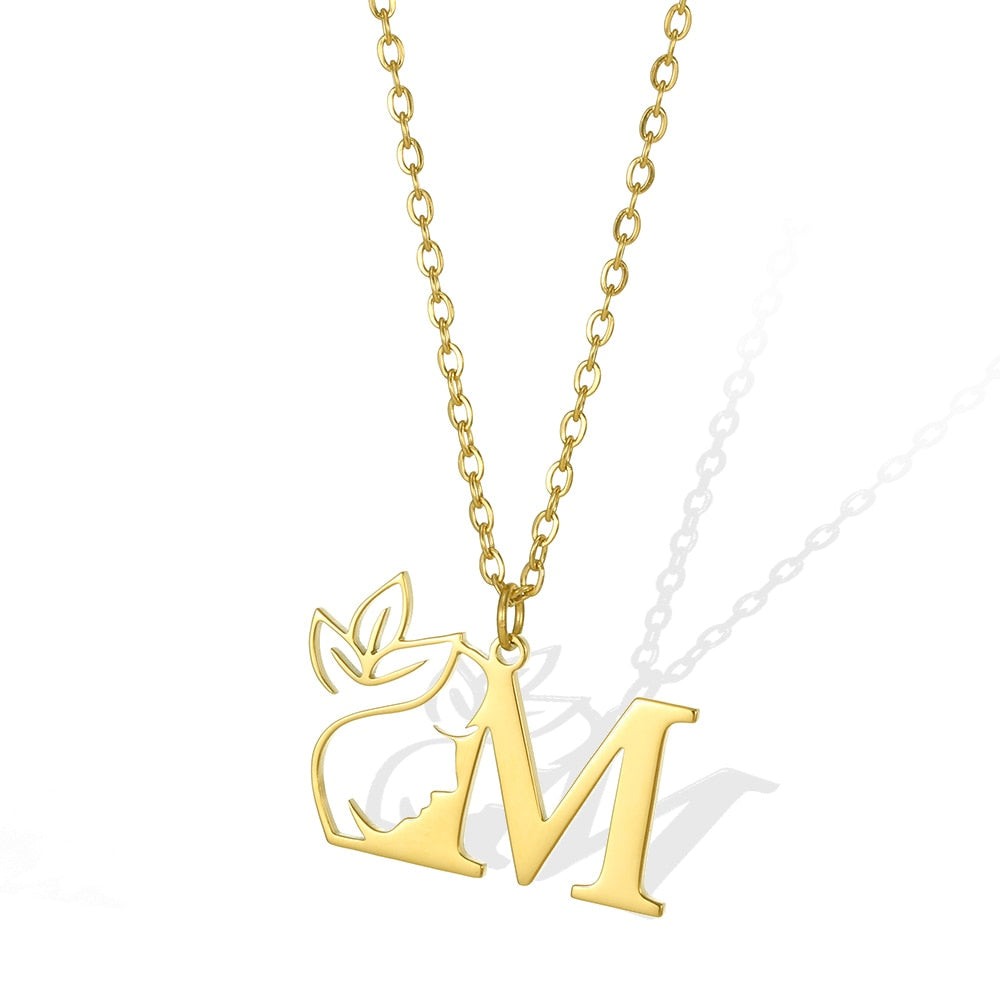 Damen Kette Edelstahl 18k Gold Kette Buchstaben Anhänger mit Blume