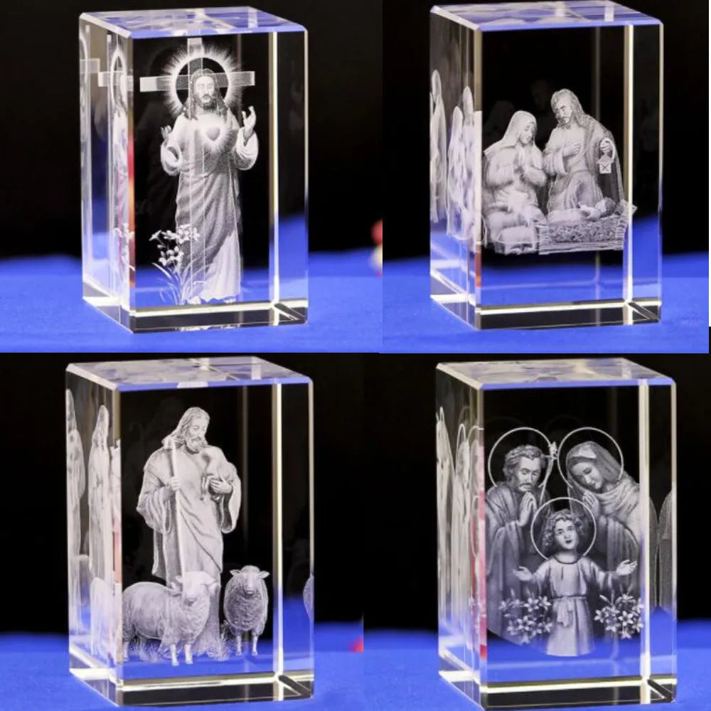 Mini K9 Crystal 3D Laser Sculpture Cube Christian Jesus Cross Figurine Virgin Mary Religious beliefs Office Desk Car Home Decor