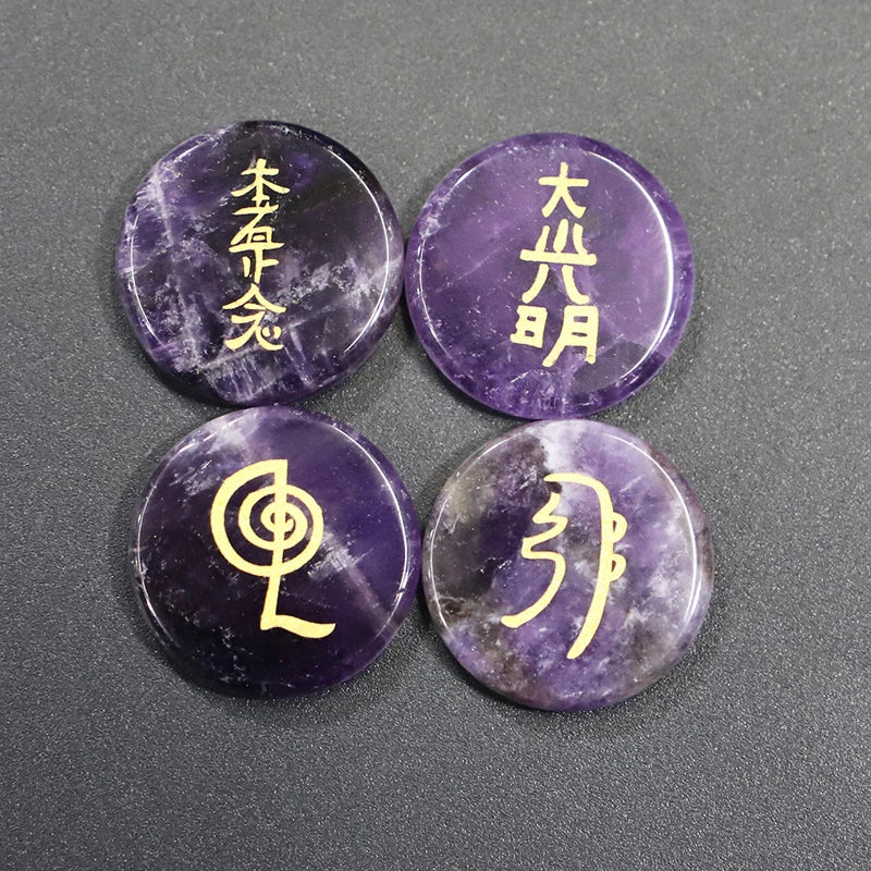 4 Stücke natürliche Kristallsteine Cho Ku Rei Symbol Heiligen, Spiritual Healing Edelsteine Rune Energie Amulett 7 Reiki Chakra Rock, Quarz 