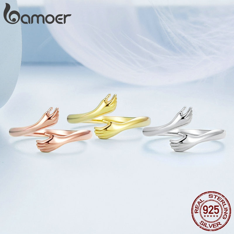 Bamoer 925 Sterling Silber Umarmung Wärme und Liebe Hand verstellbarer Ring für Frauen Party Schmuck, seine großen liebevollen Umarmungen Ring 3 Farben