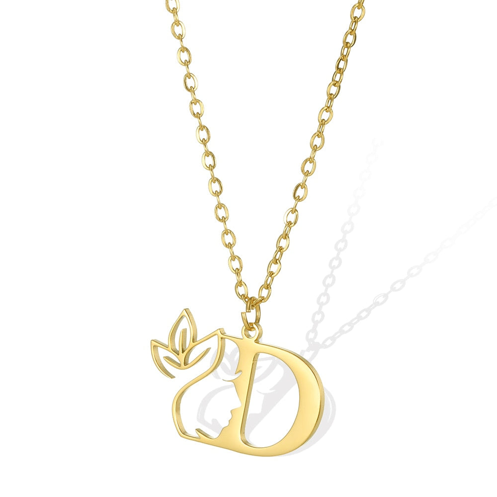 Damen Kette Edelstahl 18k Gold Kette Buchstaben Anhänger mit Blume