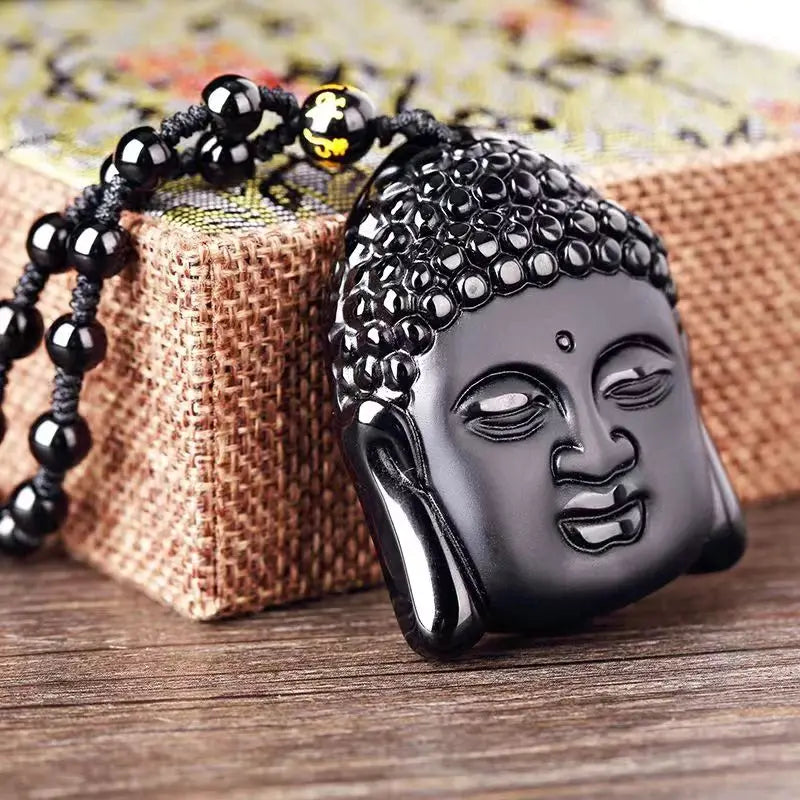 Fashion Frosted Obsidian Sakyamuni Buddha Head Charm Men and Women Amulet Necklace Buddhist Religious Jewelry