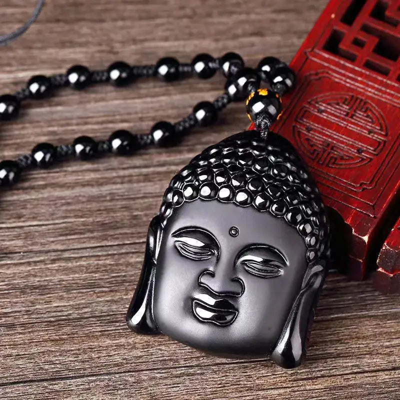 Fashion Frosted Obsidian Sakyamuni Buddha Head Charm Men and Women Amulet Necklace Buddhist Religious Jewelry