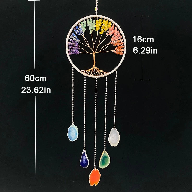 7 Chakra Edelstein, Baum des Lebens, Traumfänger, Farbe Achat, Wandbehänge, Zimmer, Fenster, Garten, Windspiele, Traum, Dekor