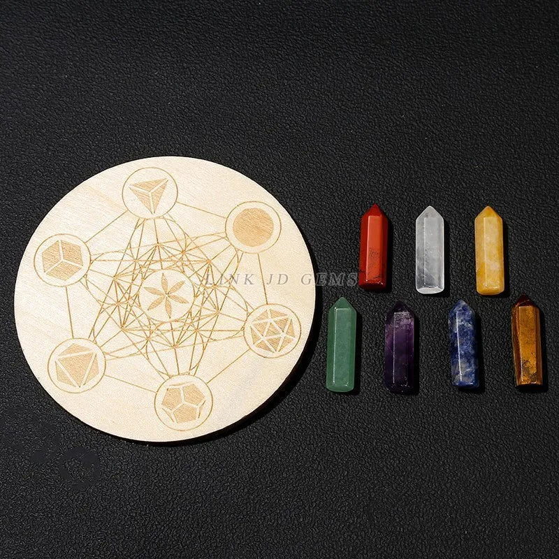 Heilsteine 7 Chakra sechseckige Säule Kristall Set mit sieben Sternen Array Holzplatte für Meditation Balance Wohnkultur Handwerk