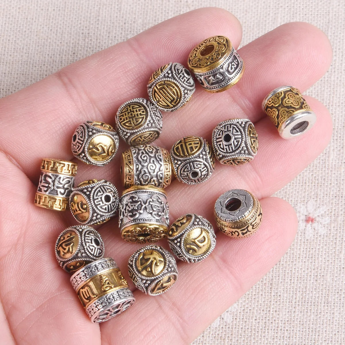 5pcs Round Cylinder Nepalese Buddhist Tibetan Silver/Gold Color Metal Loose Beads For Jewelry Making DIY Bracelet