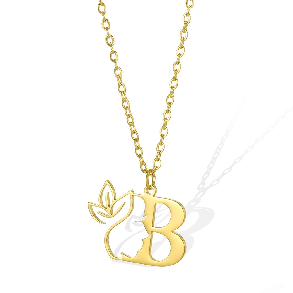 Damen Kette Edelstahl 18k Gold Kette Buchstaben Anhänger mit Blume