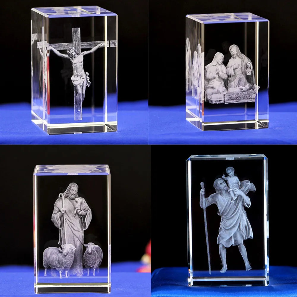 Mini K9 Crystal 3D Laser Sculpture Cube Christian Jesus Cross Figurine Virgin Mary Religious beliefs Office Desk Car Home Decor