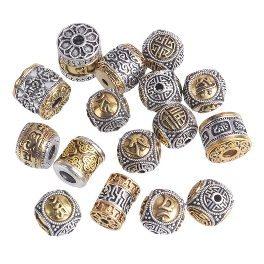 5pcs Round Cylinder Nepalese Buddhist Tibetan Silver/Gold Color Metal Loose Beads For Jewelry Making DIY Bracelet