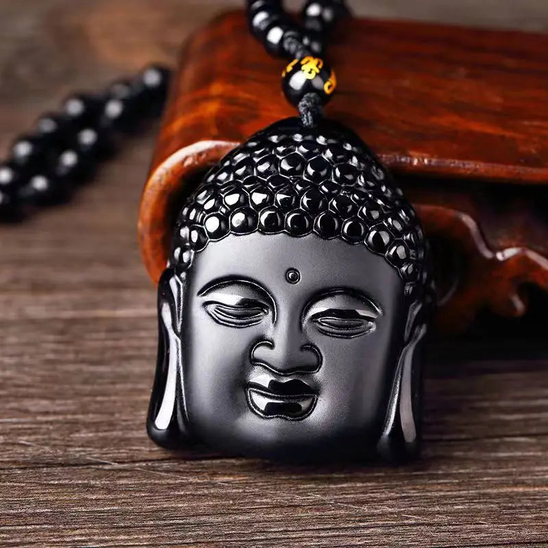 Fashion Frosted Obsidian Sakyamuni Buddha Head Charm Men and Women Amulet Necklace Buddhist Religious Jewelry