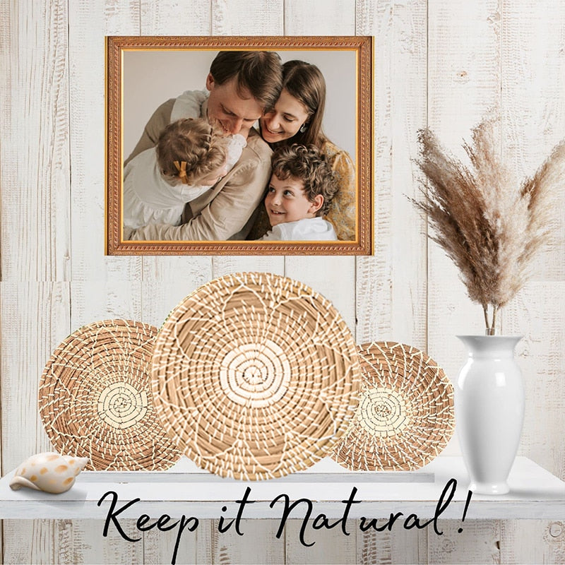 Set of 10 Hanging Woven Plate Wall Decoration Boho Straw Rattan Round Basket Decoration Rustic Farmhouse Hanging Kitchen Baskets