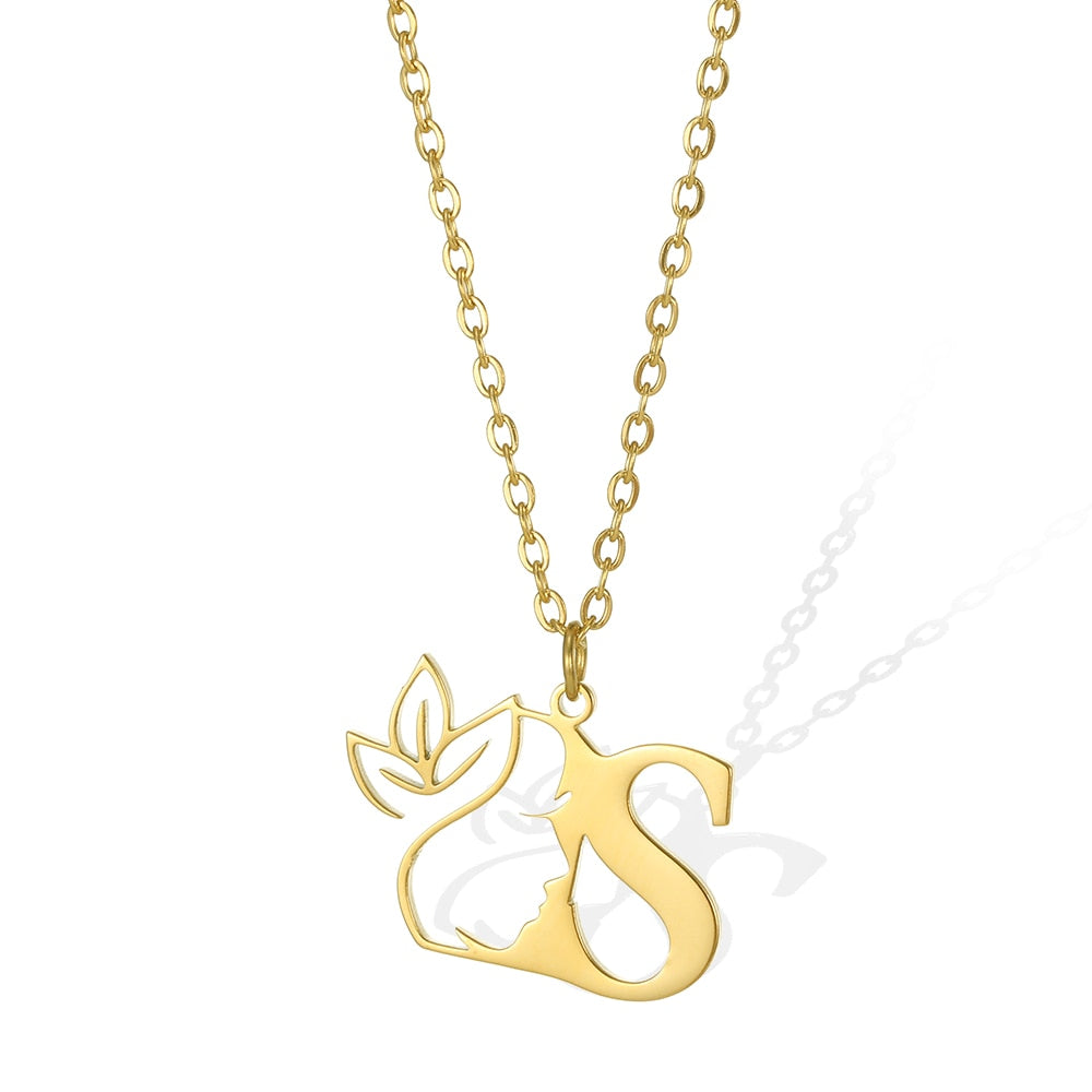 Damen Kette Edelstahl 18k Gold Kette Buchstaben Anhänger mit Blume