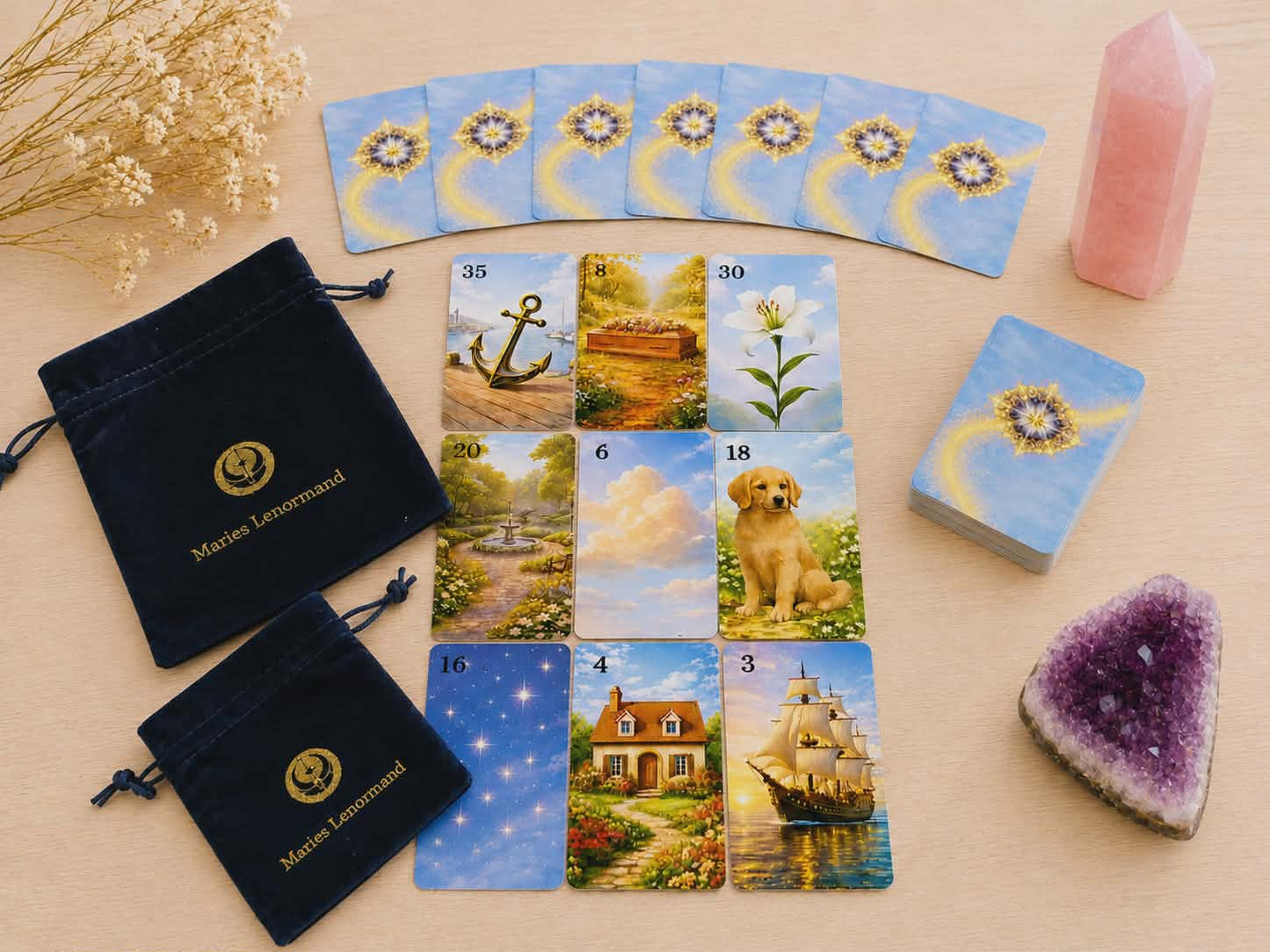 Märchenzauber Lenormand Karten – 36 Orakelkarten OHNE 20 Zusatzkarten  mit Samtbeutel (2 Größen) – Hochwertiges Kartenlegen Deck – Spirituelles Geschenk
