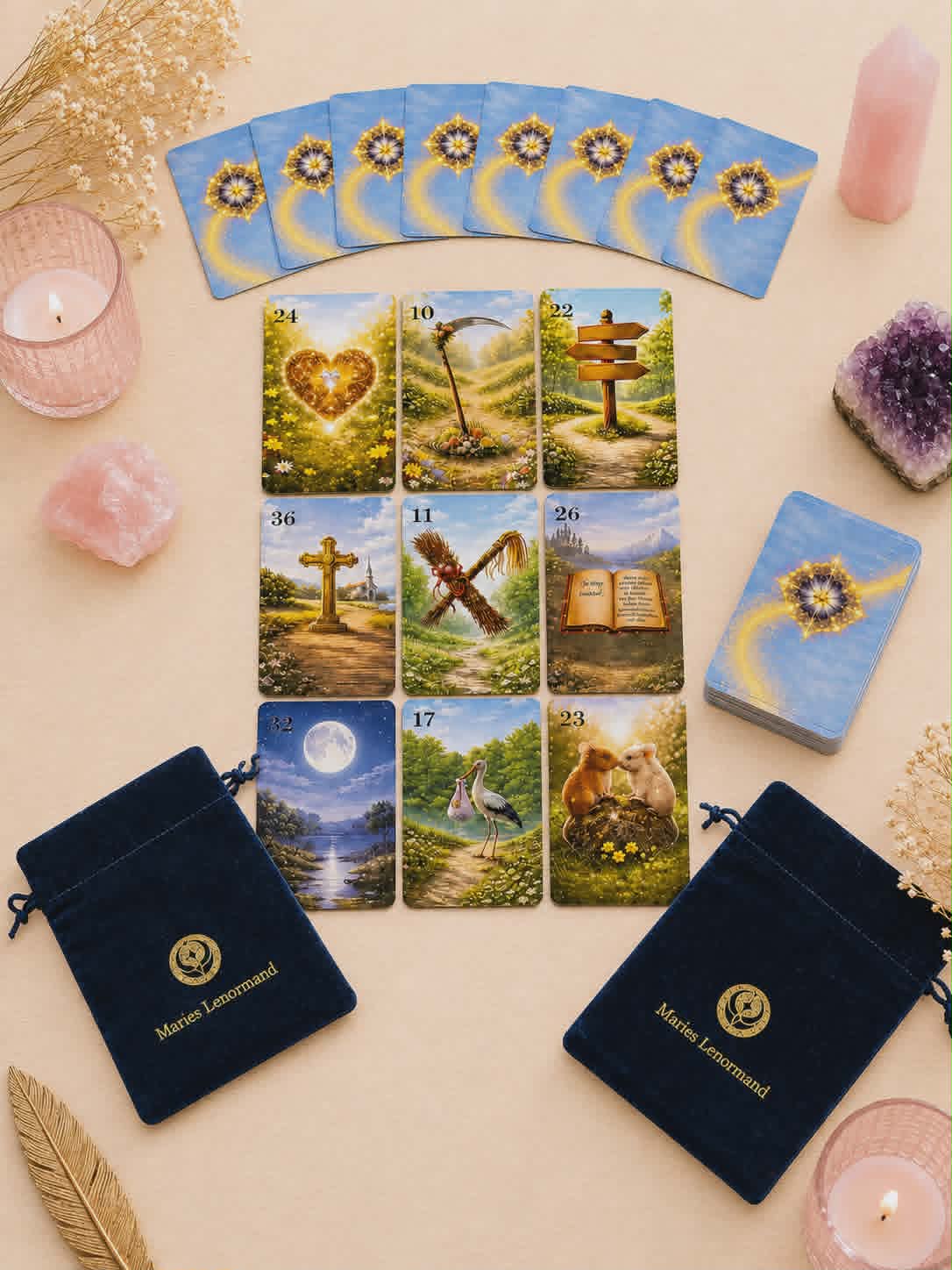 Märchenzauber Lenormand Karten – 36 Orakelkarten OHNE 20 Zusatzkarten  mit Samtbeutel (2 Größen) – Hochwertiges Kartenlegen Deck – Spirituelles Geschenk