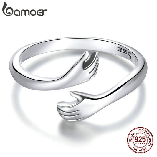 Bamoer 925 Sterling Silber Umarmung Wärme und Liebe Hand verstellbarer Ring für Frauen Party Schmuck, seine großen liebevollen Umarmungen Ring 3 Farben