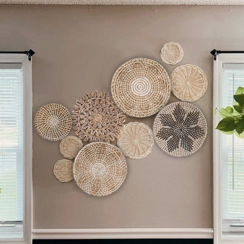 Set of 10 Hanging Woven Plate Wall Decoration Boho Straw Rattan Round Basket Decoration Rustic Farmhouse Hanging Kitchen Baskets