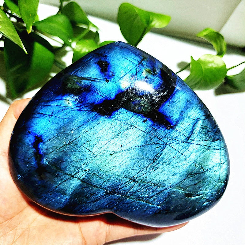 Natural Blue Labrador Stone Crystal Heart Palm Powerful Energy Play Spiritual Meditation Healing Feng Shui Home Ornament