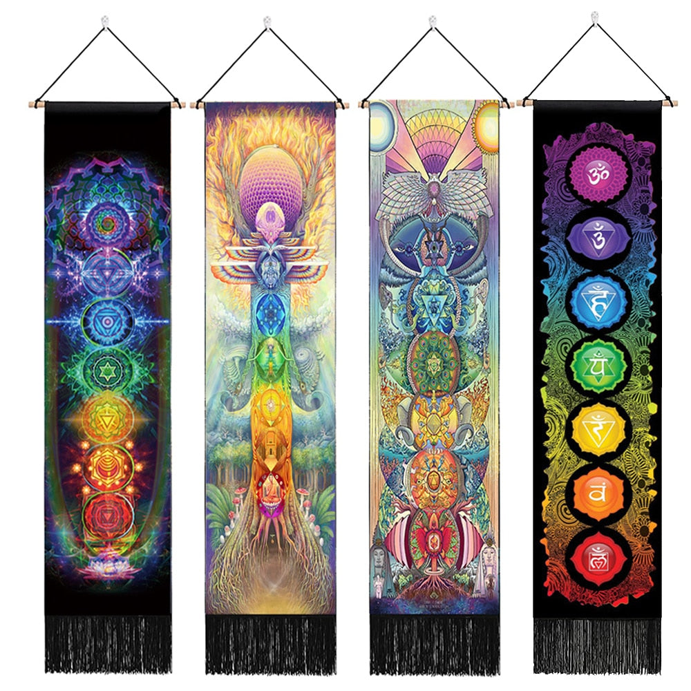 Sieben Chakra-Wandteppiche, Hippie-Mandala-Chakren-Wandbehang, Yoga-Meditation-Wandteppiche für spirituelle Raumdekoration, 12.8 "x 51.2"